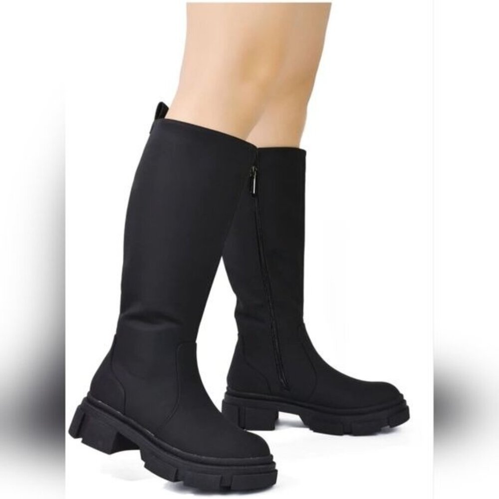 Black Color Round Toe Synthetic Mid Calf Boots Side Zipper Women's - Picture 2 of 5